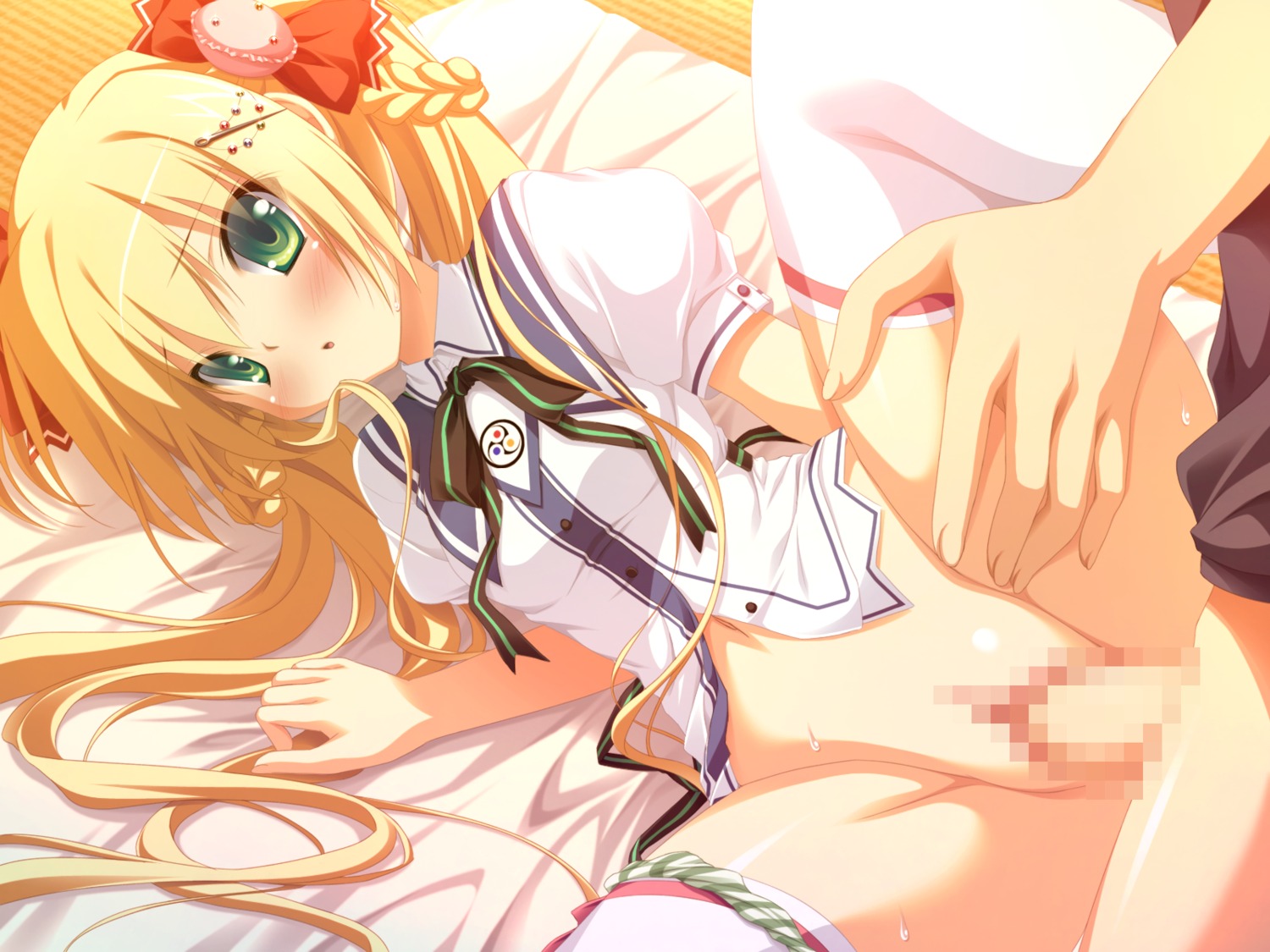 blonde_hair censored female game_cg green_eyes male nimura_yuushi oni_gokko penis pussy rule34 seifuku sex sumiyoshi_kureha thighhighs