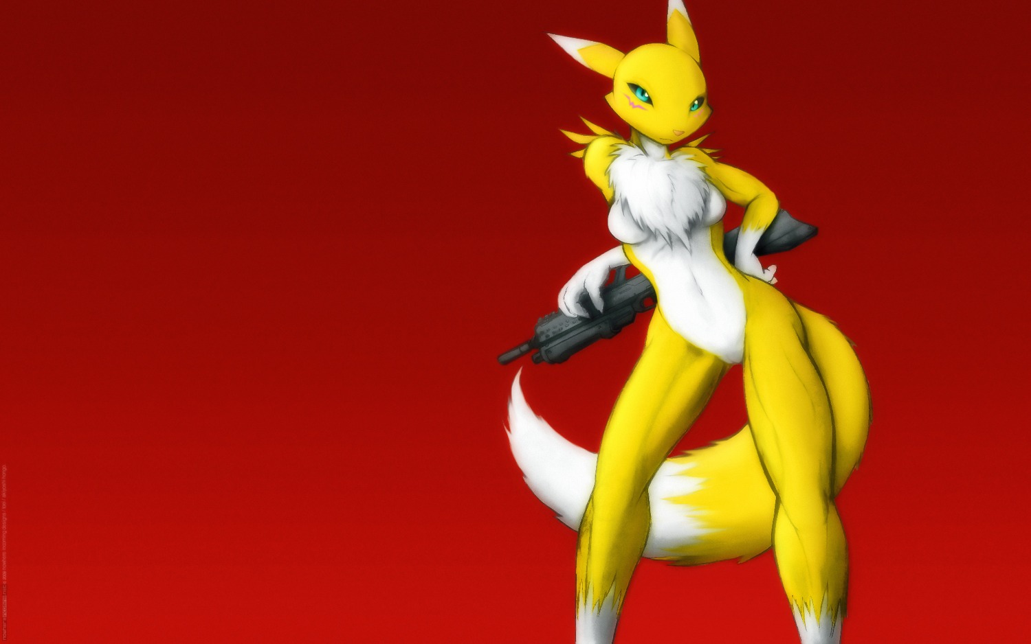 16:10 anthro assault_rifle bandai_namco barely_visible_genitalia barely_visible_vulva black_sclera blue_eyes breasts canid canine chest_tuft darkdoomer digimon digimon_(species) dipstick_tail e621 facial_markings featureless_breasts female fur genitals gun head_markings hi_res holding_gun holding_object holding_ranged_weapon holding_weapon machine_gun mammal markings military nude pinup pose ranged_weapon renamon rifle solo tail tail_markings tuft vulva wallpaper weapon white_body white_fur widescreen yellow_body yellow_fur