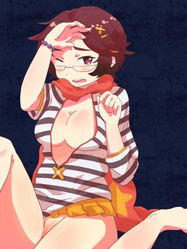 blush breasts cleavage criminal_girls female glasses large_breasts no_panties pussy ran_(criminal_girls) rule34 tear wink