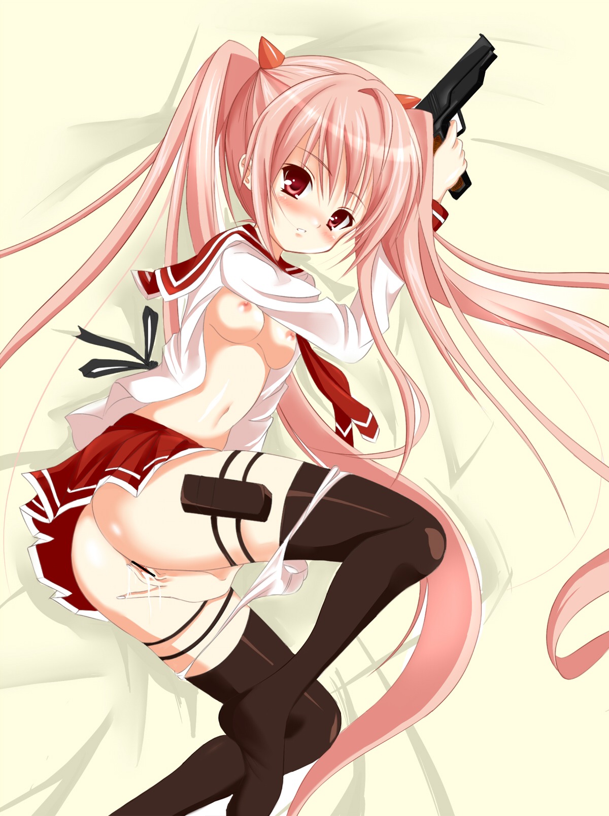 ass bed black_legwear black_thighhighs blush breasts censored female fingering gun hidan_no_aria highres kanzaki_h_aria long_hair lying masturbation navel nipples open_clothes open_shirt panties panty_pull pink_eyes pink_hair pink_panties pinkii_(kuma) pussy pussy_juice rule34 school_uniform shirt thighhighs tied_hair twintails underwear very_long_hair weapon