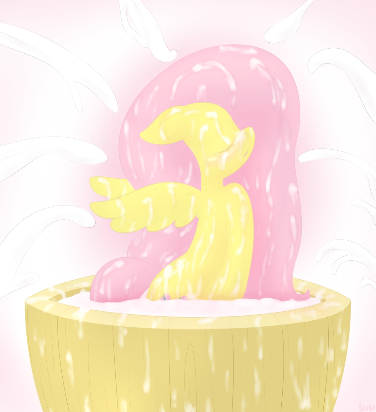 2014 bodily_fluids bukkake cum cum_bath cum_from_offscreen cum_shower digital_media_(artwork) e621 equid equine eyes_closed feathered_wings feathers female fluttershy_(mlp) friendship_is_magic fur genital_fluids hair hasbro hi_res lamiaaaa mammal my_little_pony mythological_creature mythological_equine mythology pegasus pink_hair solo wings yellow_body yellow_feathers yellow_fur
