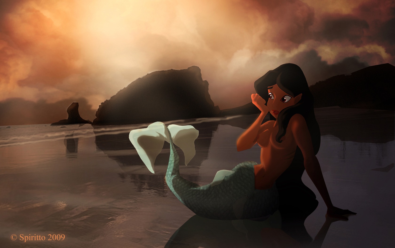 2009 aladdin breasts disney disney_princess female merfolk mermaid mermaid_tail mermaid_transformation nipples princess_jasmine rule34 species_transformation spiritto tagme transformation