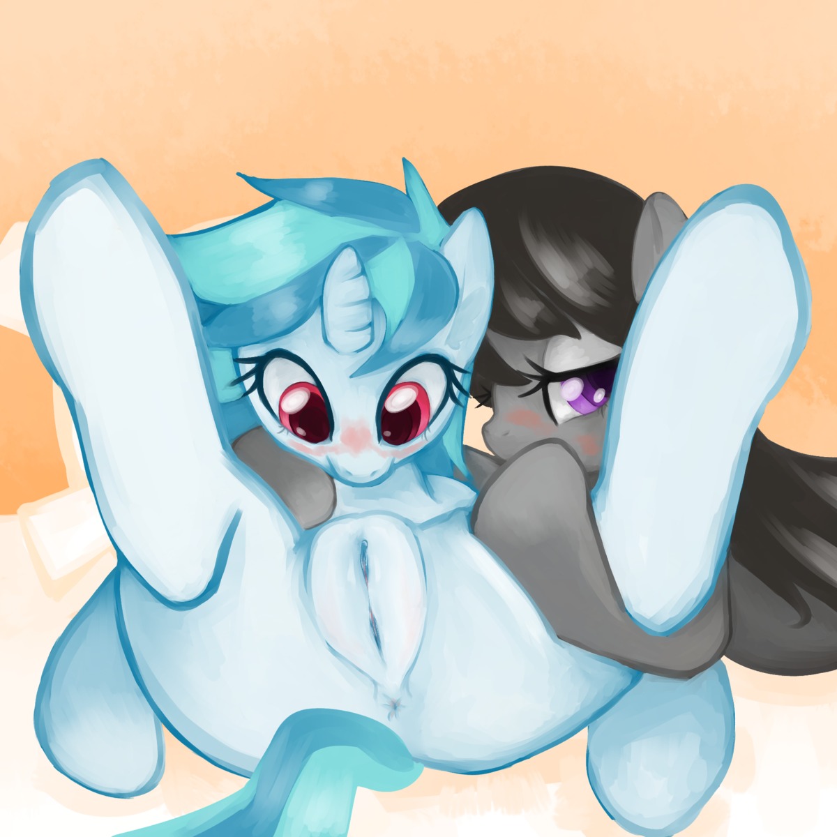 1:1 2012 anus black_hair blue_hair blush digital_media_(artwork) digital_painting_(artwork) duo e621 earth_pony equid equine female female/female feral friendship_is_magic fur genitals grey_body grey_fur hair hasbro hi_res horn horse leg_grab legs_up looking_at_viewer lying mammal multicolored_hair my_little_pony mythological_creature mythological_equine mythology nude octavia_(mlp) on_back painting_(artwork) pony ponylicking presenting presenting_vulva purple_eyes red_eyes spread_legs spreading tail two_tone_hair unicorn vinyl_scratch_(mlp) vulva