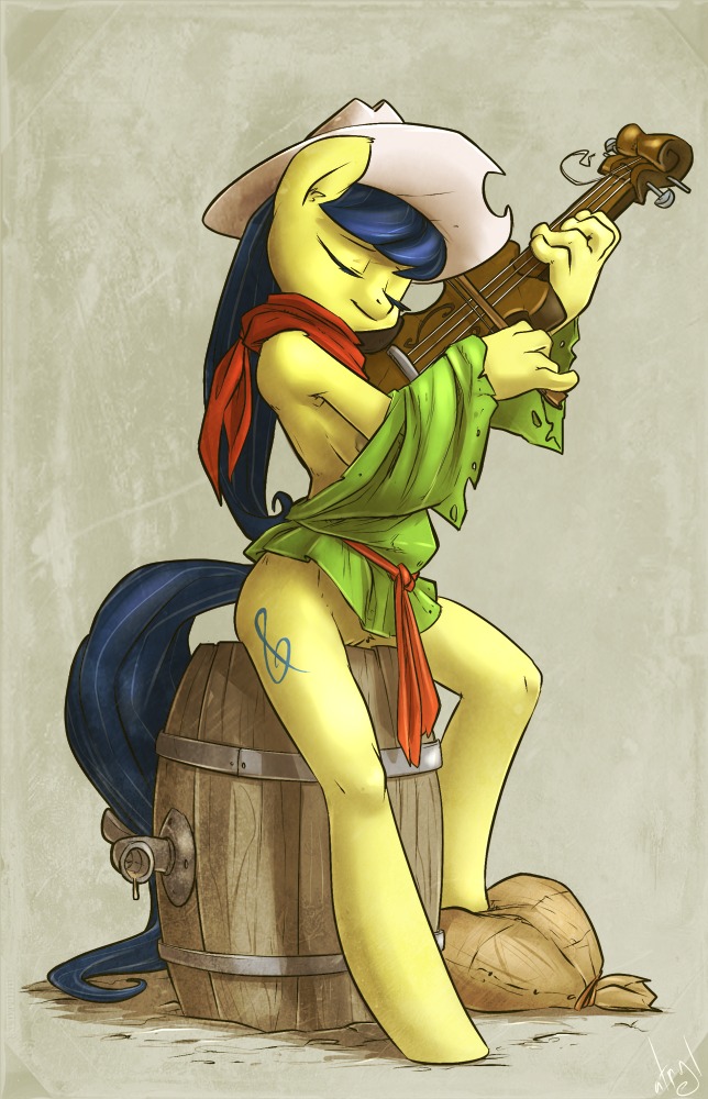 2013 anthro anthrofied atryl barrel bow_(stringed_instrument) bowed_string_instrument breasts clothing cowboy_hat cutie_mark digital_media_(artwork) e621 earth_pony equid equine female fiddlesticks_(mlp) friendship_is_magic genitals hair hasbro hat headgear headwear holding_object horse long_hair mammal music musical_instrument my_little_pony nipples playing_music playing_violin pony scarf side_boob solo string_instrument tail violin vulva