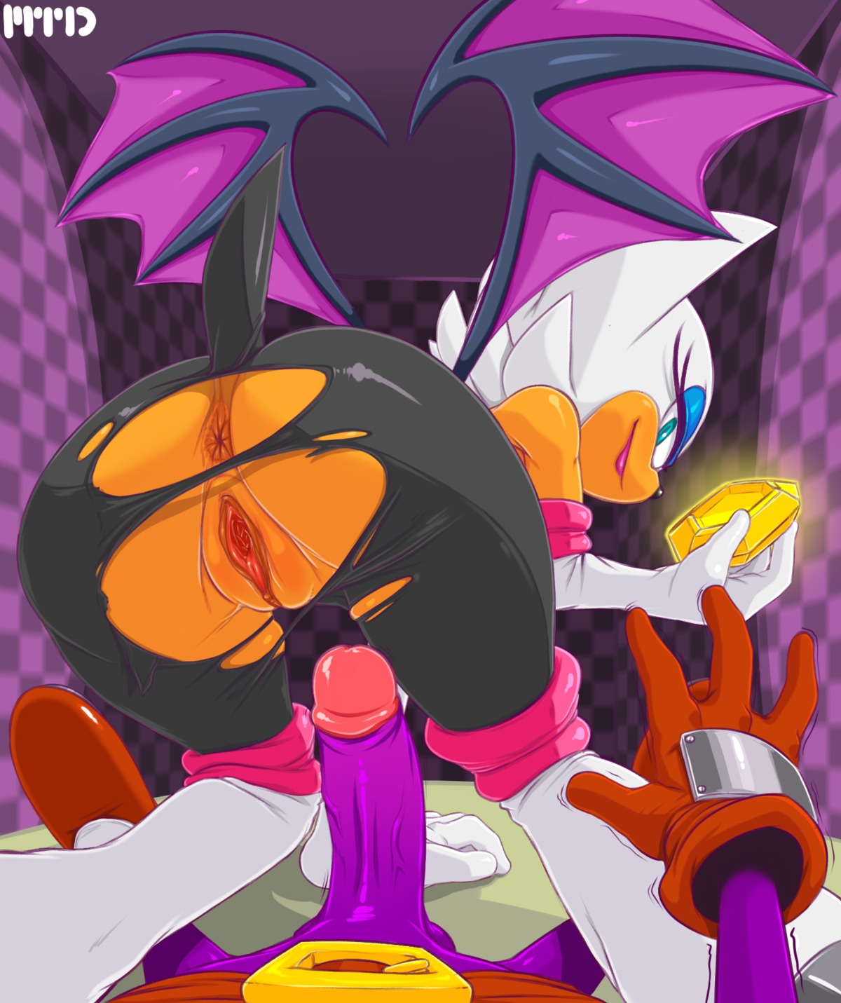 2014 anthro anus balls bat blue_eyes clothing dipodid duo e621 erection fang_the_hunter female gem genitals hair hi_res humanoid_genitalia humanoid_penis jerboa looking_at_viewer looking_back male mammal marthedog membrane_(anatomy) membranous_wings penis rodent rouge_the_bat sega skinsuit smile sonic_the_hedgehog_(series) tight_clothing vulva white_hair wings