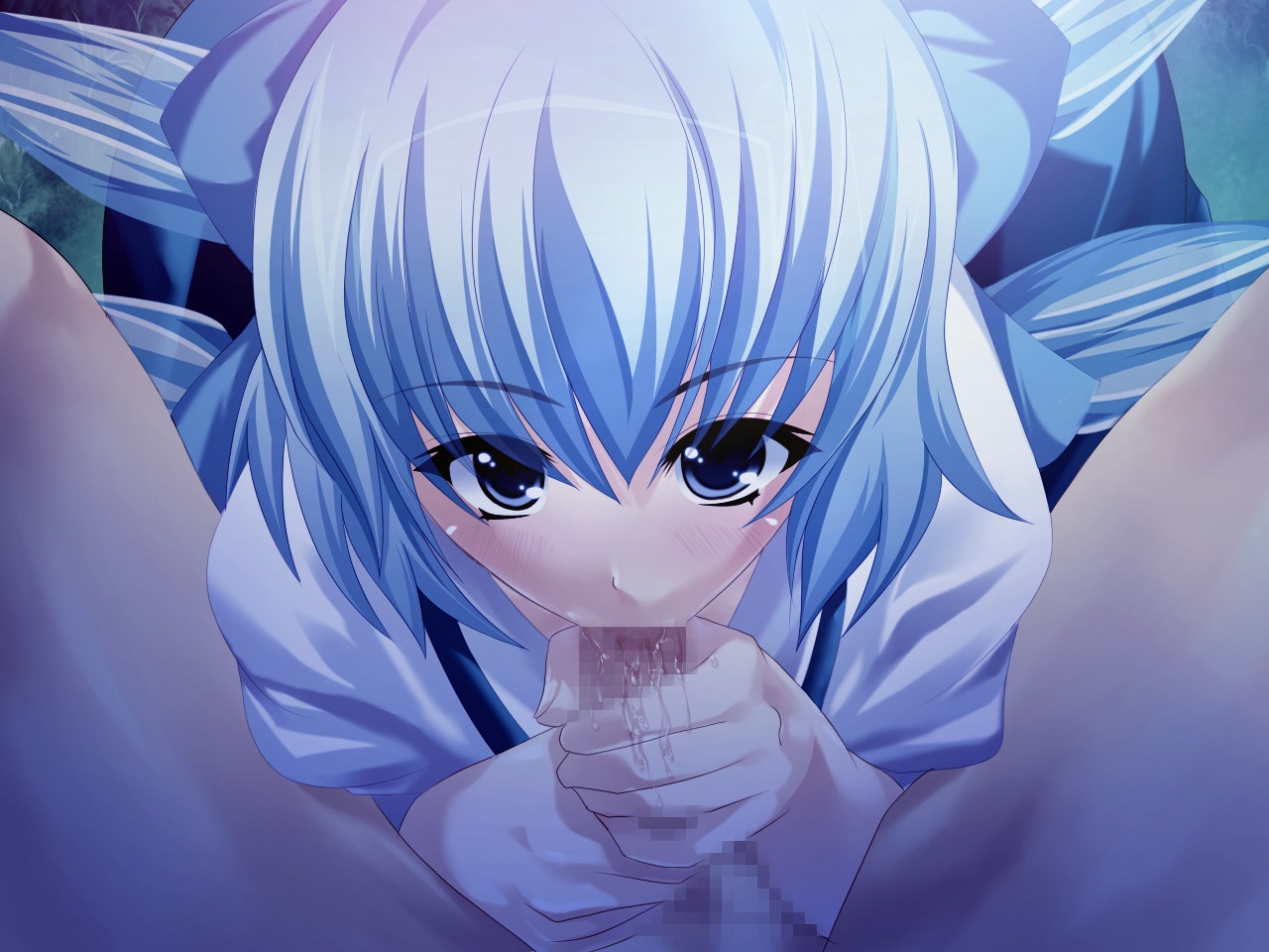 blue_eyes blue_hair bow censored cirno fellatio female male onsen_tamago_(nurumayu_onsen) oral penis pov rule34 saliva the_embodiment_of_scarlet_devil touhou wings