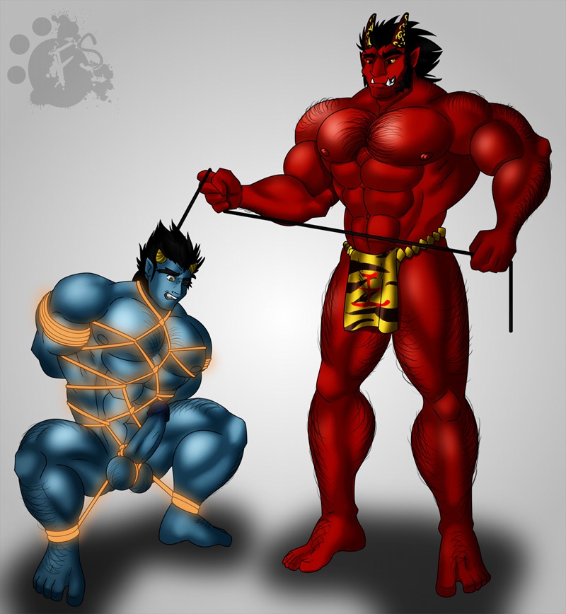 bara blue_oni blue_skin bondage croup demon japanese_mythology male male_only muscles mythology oni red_oni red_skin restrained rule34 shibari yaoi