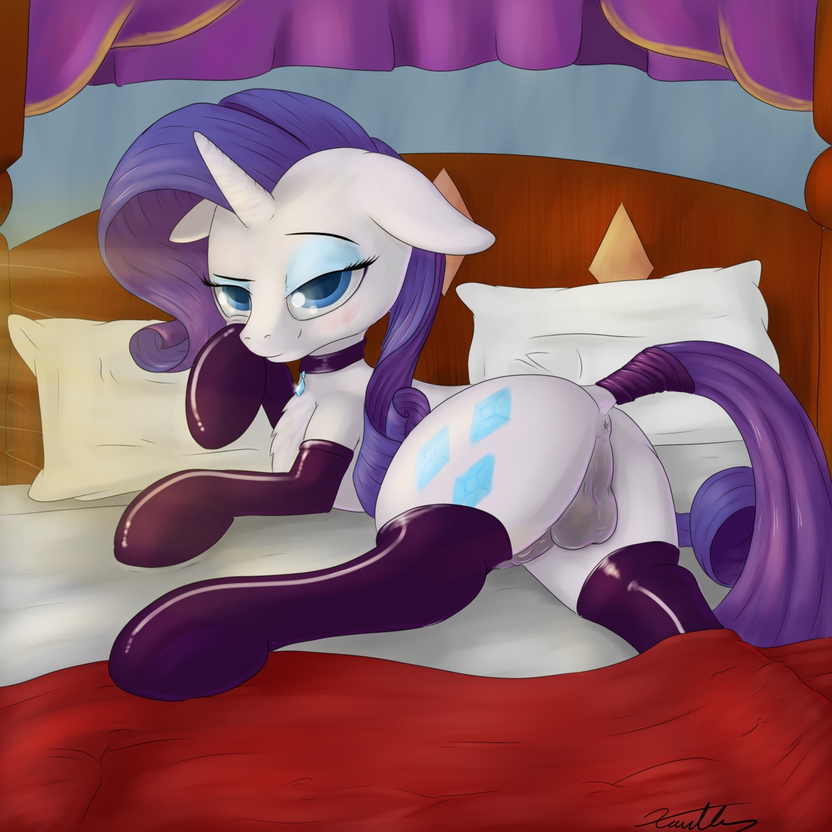 1:1 2014 anus armwear backsack balls bed blue_eyes blue_eyeshadow butt clothing crossgender cutie_mark e621 elbow_gloves equid equine erection eyelashes eyeshadow feral friendship_is_magic fur furniture genitals gloves gynomorph hair handwear hasbro hi_res horn inside intersex legwear looking_at_viewer lying makeup mammal my_little_pony mythological_creature mythological_equine mythology penis pillow purple_hair rarity_(mlp) solo thigh_highs unicorn white_body white_fur xanthor