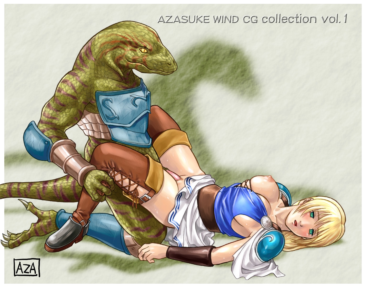 azasuke blonde_hair defeated empty_eyes female highres human lizardman long_hair male milf monster nipple_slip nipples rape reptilian rule34 sex sophitia_alexandra soul_calibur straight
