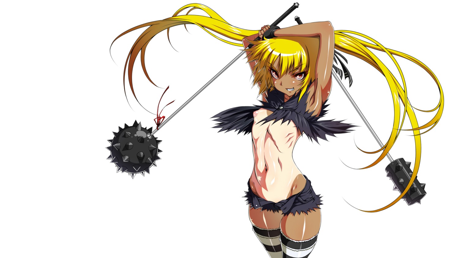 1girls armpits blonde_hair club denim denim_shorts female fingerless_gloves flat_chest gloves highres inagaki inagaki_(iii) kooh long_hair mace morning_star navel nipples pangya pointy_chin puffy_nipples red_eyes ribs rule34 shorts solo striped striped_legwear striped_thighhighs tan tanline thighhighs tied_hair twintails weapon