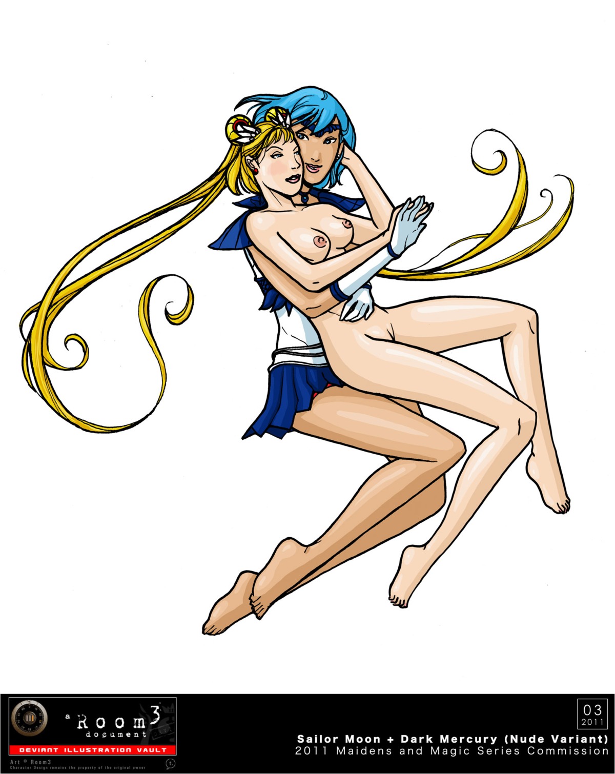 2girls ami_mizuno barefoot bishoujo_senshi_sailor_moon blonde_hair blue_hair breasts clothing female female_only human multiple_females multiple_girls nude rule34 sailor_mercury sailor_moon skirt small_breasts trdl usagi_tsukino yuri