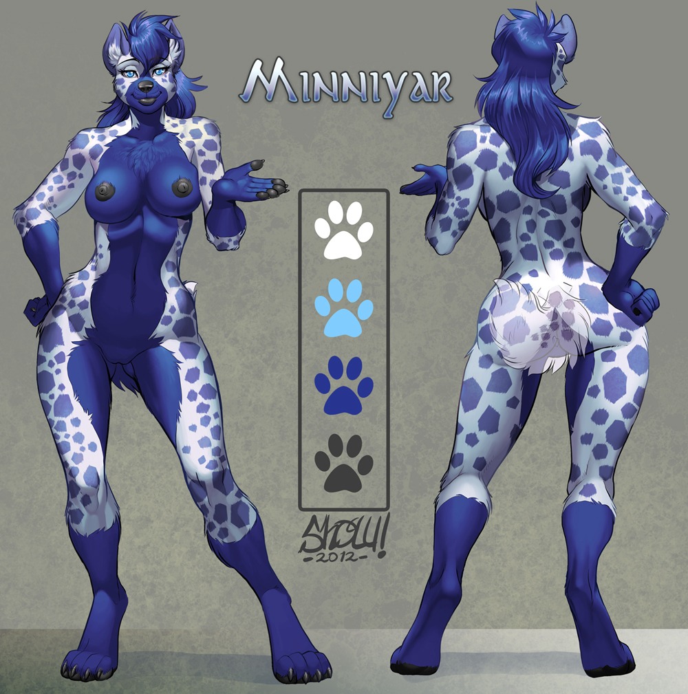 2012 anthro biped black_nipples black_nose blue_body blue_eyes blue_fur blue_hair blue_pawpads breasts butt chest_tuft claws digitigrade e621 feet female fur genitals hair hand_on_hip hindpaw hyena long_hair looking_at_viewer mammal model_sheet nipples nude pawpads paws pose shaded showkaizer smile soft_shading solo spots spotted_hyena standing tuft vulva wide_hips
