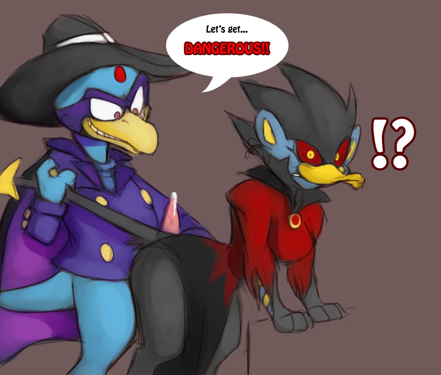 chimangetsu cosplay crossover cum darkwing_duck darkwing_duck_(character) darkwing_duck_(cosplay) dialogue disney furry furry_only golduck luxray male mel_the_hybrid morgana_macawber nintendo penis pokemon pokemon_(species) rule34 tail tail_pull