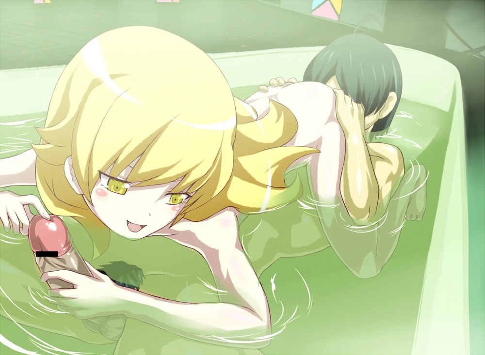 69 ahoge araragi_koyomi arudehido barefoot bath bathtub black_hair blonde_hair blush blush_stickers censored cunnilingus face_in_ass fellatio female long_hair male male_pubic_hair mixed_bathing monogatari_(series) nisemonogatari nude open_mouth oral oshino_shinobu penis pointless_censoring pubic_hair ripples rule34 water yellow_eyes