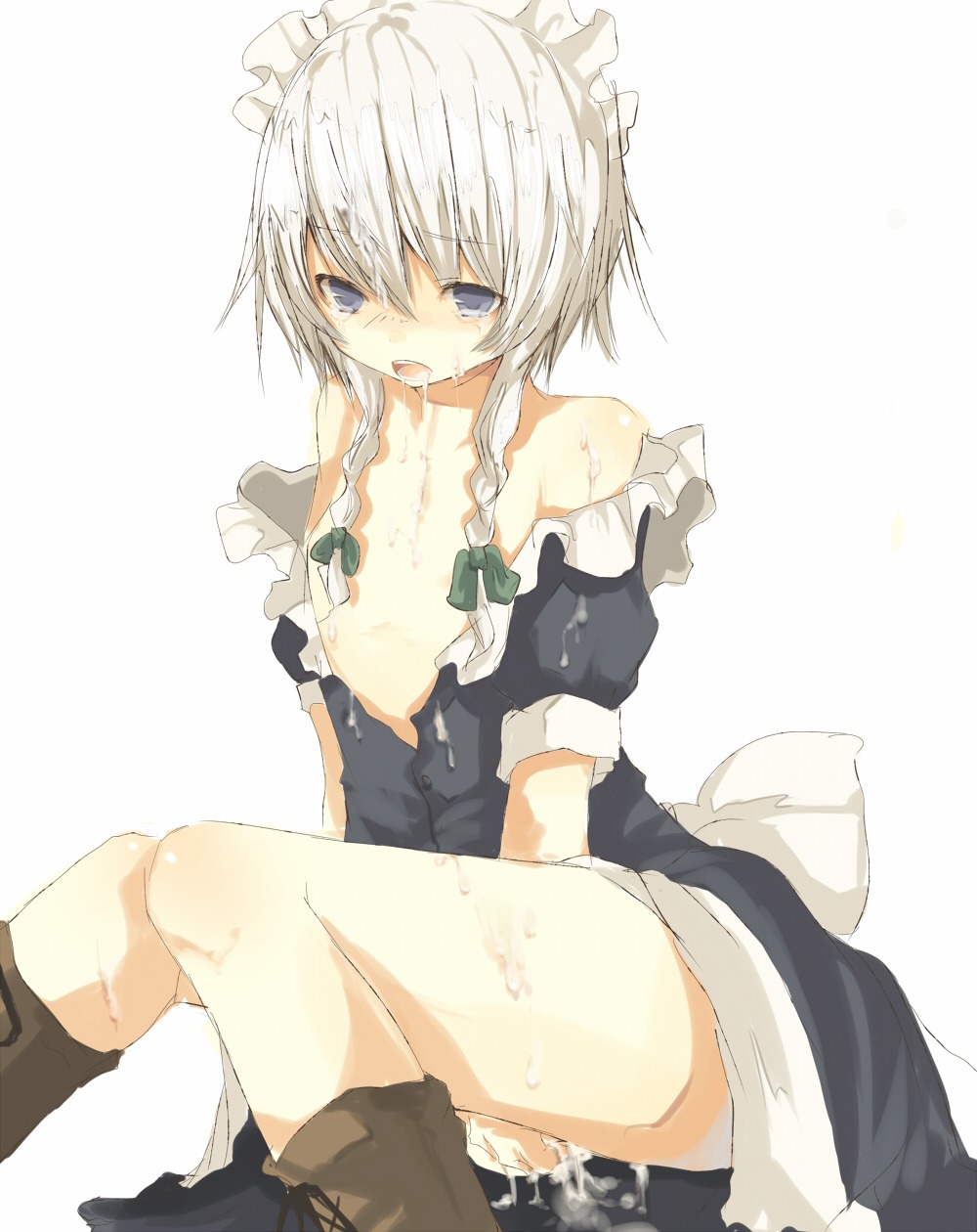 1girls artist_request blue_eyes braid cum female flat_chest highres light-skinned_female light_skin maid nude pussy ribbon rule34 sakuya_izayoi saliva short_hair silver_hair solo tagme tetsuo touhou white_background white_hair