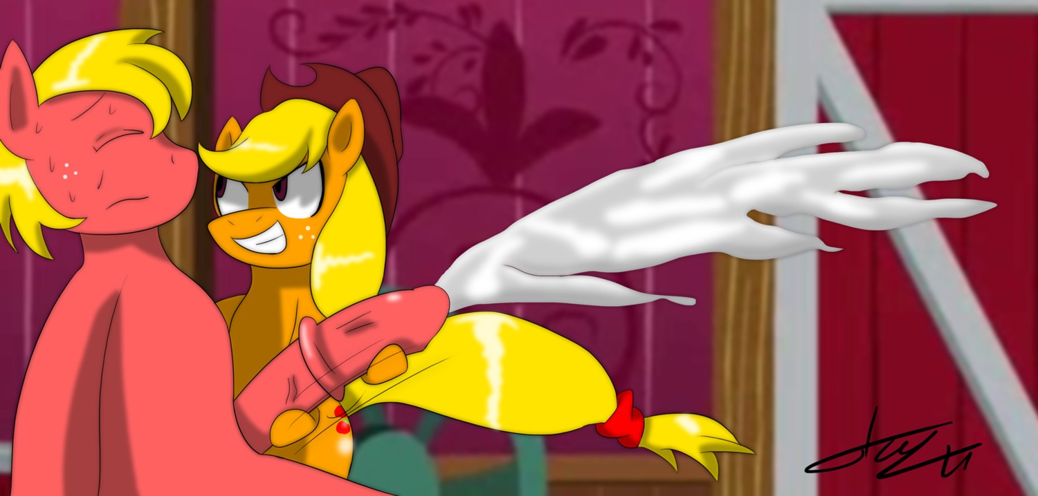 animal_genitalia animal_penis applejack_(mlp) big_macintosh_(mlp) blonde_hair bodily_fluids brother_(lore) brother_and_sister_(lore) brown_eyes clothing cowboy_hat cum cumshot cutie_mark duo e621 earth_pony ejaculation equid equine equine_genitalia equine_penis erection eyes_closed female feral friendship_is_magic genital_fluids genitals grin hair handjob hasbro hat headgear headwear hi_res horse incest_(lore) long_hair male male/female mammal my_little_pony orgasm otakon_(artist) penile penis pony rape_face red_body sex sibling_(lore) sister_(lore) smile vein