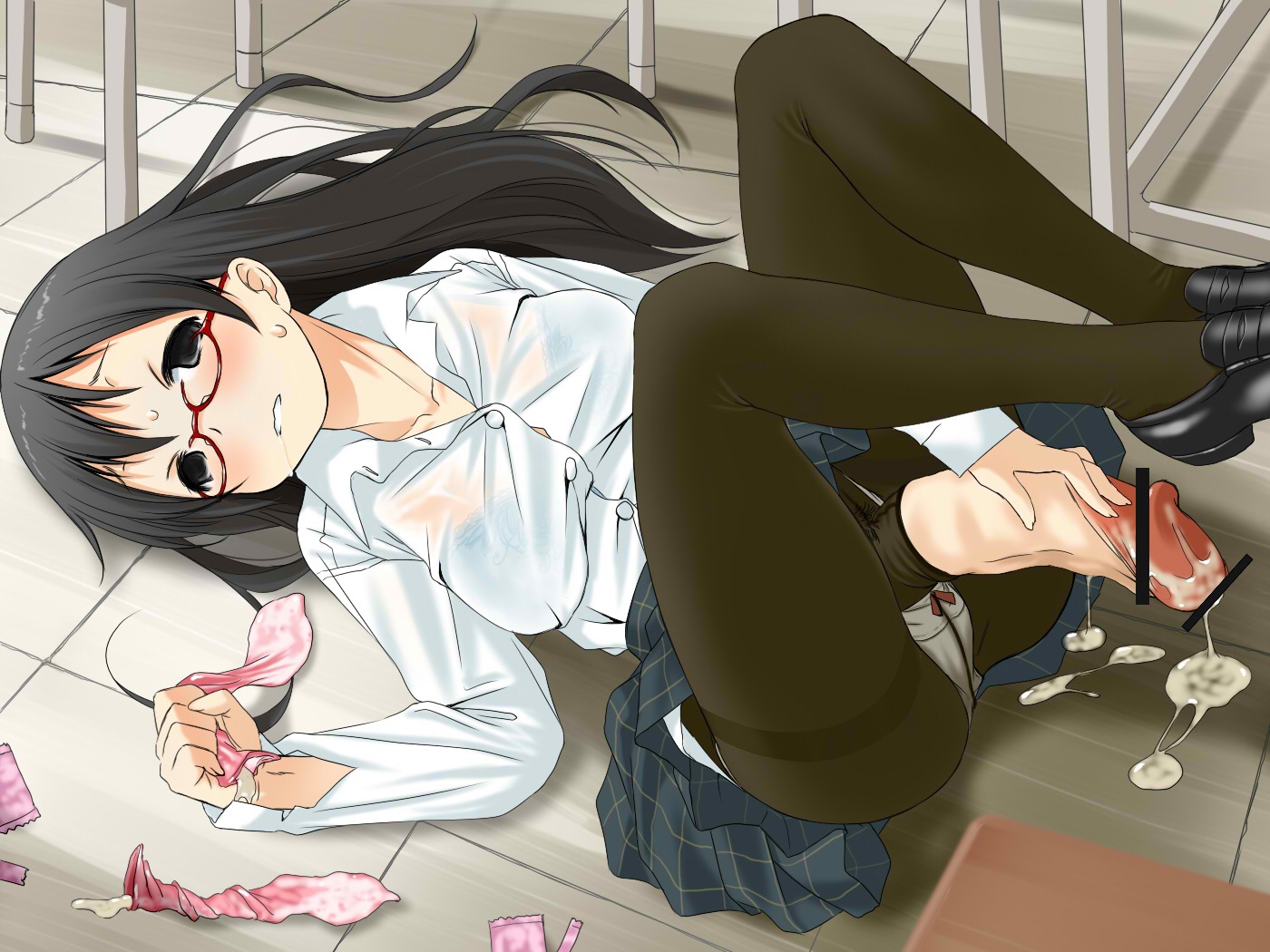 black_hair blush breasts condom cum futanari glasses grey_eyes hair huge_cock intersex large_breasts long_hair masturbation on_back on_ground panties pantyhose penis retsu_maru rule34 shoes skirt used_condom