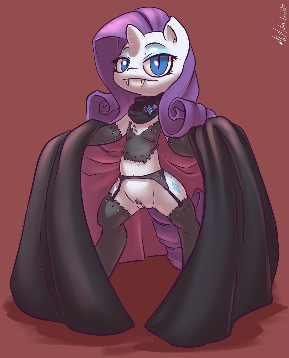 2012 atryl blue_eyes cape chest_tuft clothing cutie_mark digital_media_(artwork) e621 equid equine fangs female friendship_is_magic fur genitals hair hasbro hi_res horn long_hair looking_at_viewer mammal my_little_pony mythological_creature mythological_equine mythology navel pupils purple_hair rarity_(mlp) simple_background slit_pupils solo standing tail teeth tuft unicorn vampire vulva