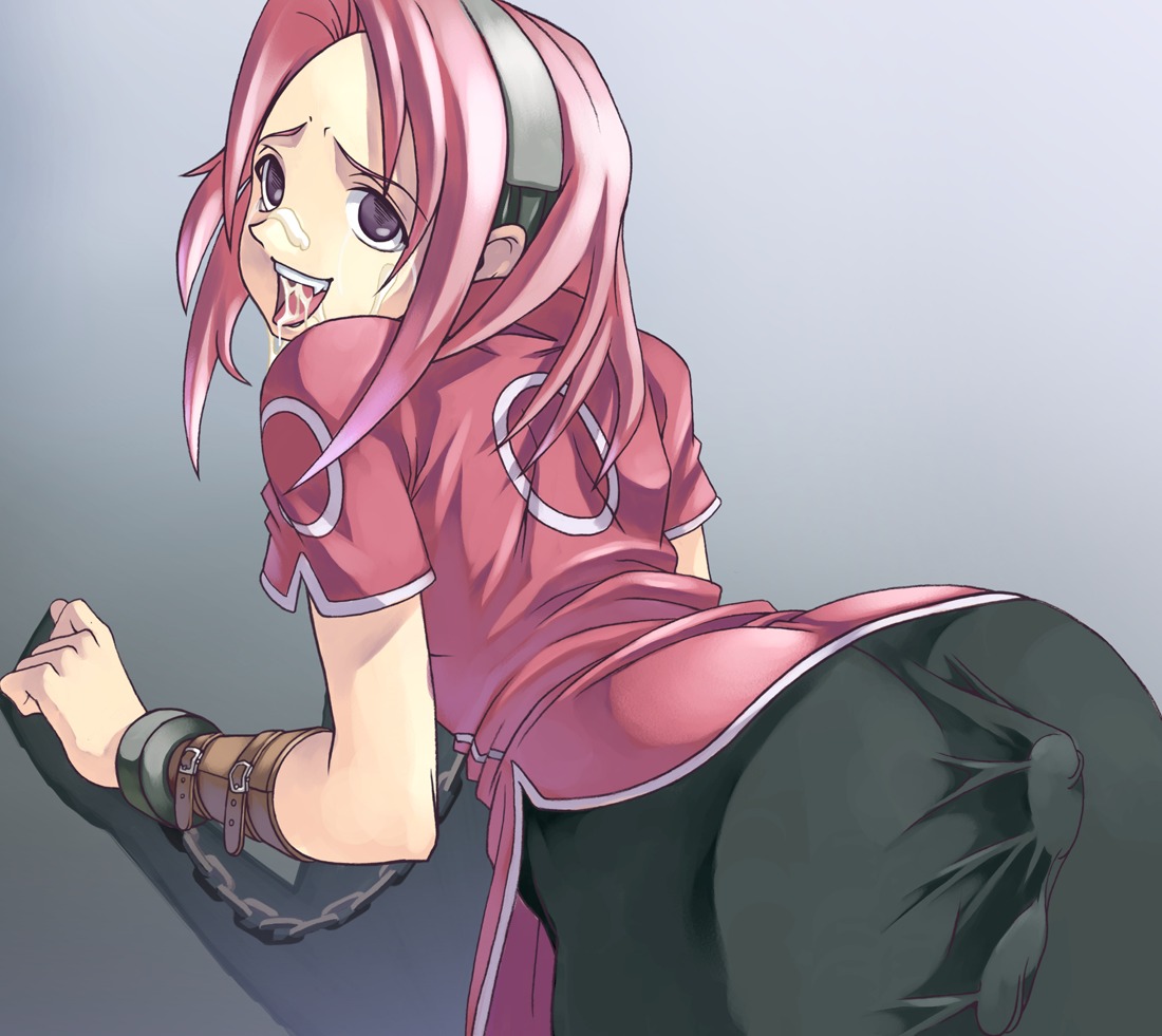 anal_insertion ass bent_over bike_shorts black_eyes bondage bound_arms bsdm chains cuffs cum cum_in_mouth cum_on_tongue facial female female_only forehead_protector from_behind fully_clothed human insertion latex looking_back naruto naruto_(classic) naruto_(series) open_mouth pink_hair pussy rule34 sakura_haruno shackles shorts skin_tight solo straight_hair tasaka_shinnosuke tongue torogao vaginal_penetration