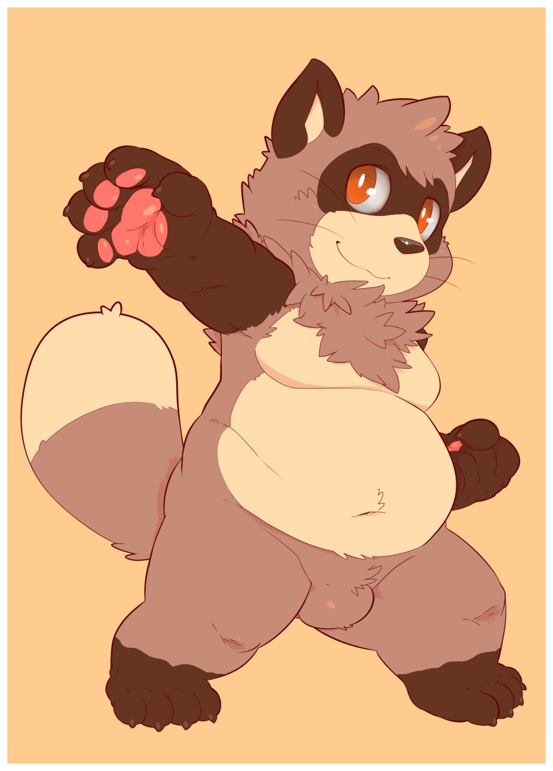 anthro balls belly border bulge canid canine chest_tuft e621 franook fur genitals hi_res male mammal nude overweight overweight_anthro overweight_male penectomized raccoon_dog solo standalone_balls tail tanuki tuft unknown_artist white_border