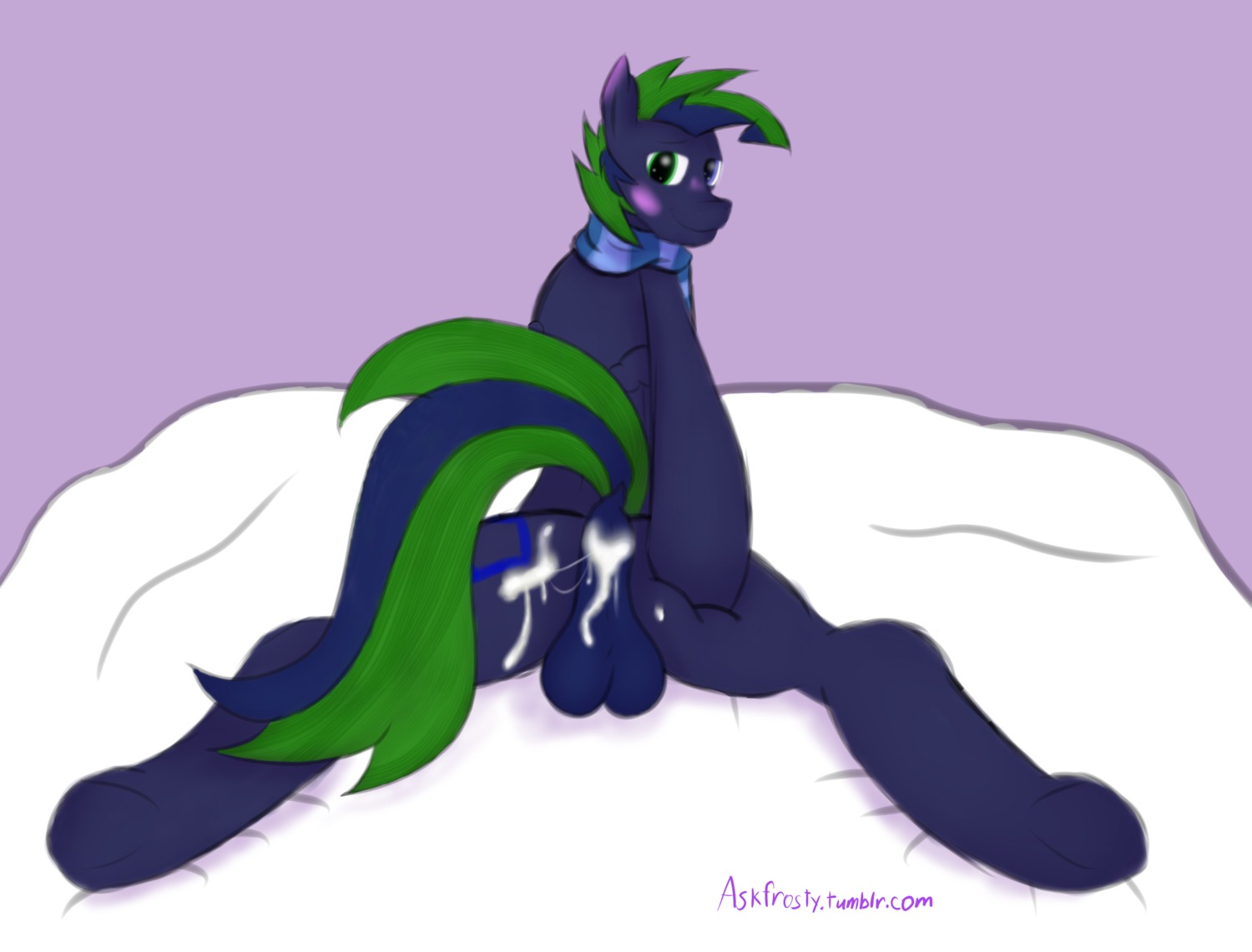 absurd_res after_sex anus backsack balls bed blush bodily_fluids butt cum cum_in_ass cum_inside cum_on_butt cutie_mark e621 equid equine fan_character feral furniture genital_fluids genitals hair hasbro heterochromia hi_res looking_back male mammal multicolored_hair my_little_pony mythological_creature mythological_equine mythology pegasus scarf solo text unknown_artist url wings