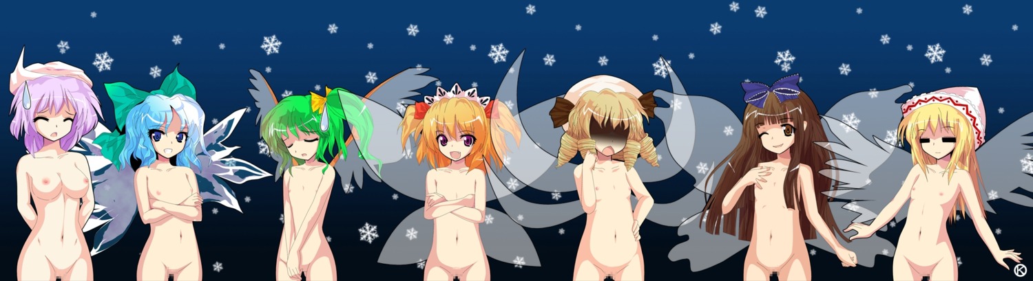 6+girls 7girls accurate_art_style artist_request blonde_hair blue_background blue_eyes blue_hair brown_eyes brown_hair censored censored_pussy cirno closed_eyes daiyousei eyes_open female funny_id green_hair letty_whiterock lily_white lineup luna_child male multiple_boys multiple_females multiple_girls multiple_males naked nervous no_panties purple_hair pussy ribbon rule34 star_sapphire_(touhou) sunny_milk take_your_pick touhou wings