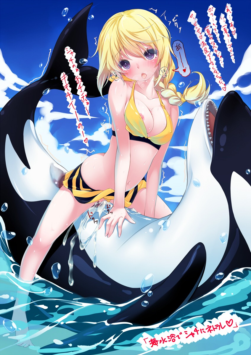 aquatic bestiality bikini blonde_hair blush bodily_fluids breasts cetacean charlotte_dunois clothed clothing cowgirl_position cum cum_inside dolphin duo e621 female female_on_feral female_penetrated feral from_front_position genital_fluids genitals hair heart_symbol hi_res hinasaki human human_on_feral infinite_stratos interspecies japanese_text male male/female male_penetrating male_penetrating_female mammal nipples nude oceanic_dolphin on_bottom on_top open_mouth orca penetration penis purple_eyes sex skimpy swimwear text tight_clothing tongue toothed_whale two-piece_swimsuit