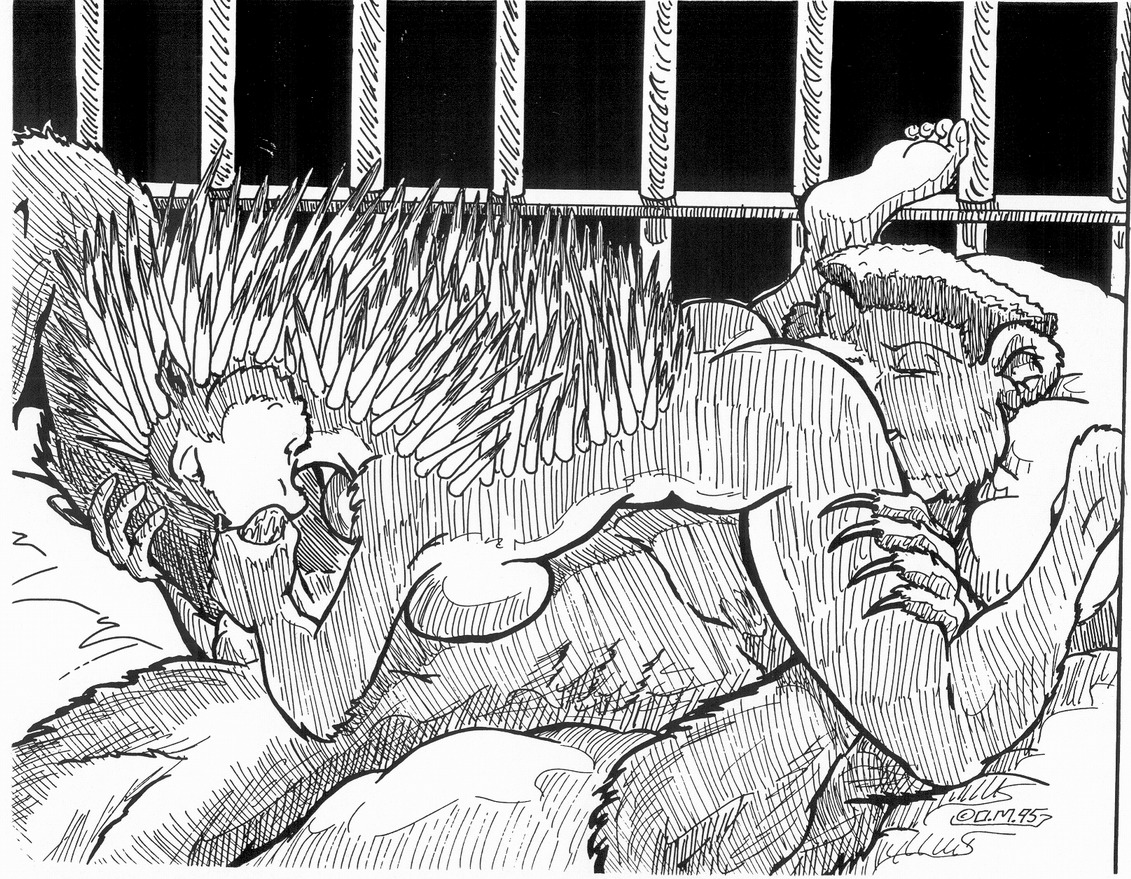 1995 69_position anthro bear big_breasts breasts claws cushion duo e621 erection fellatio female female_penetrated genitals greyscale male male/female male_penetrating male_penetrating_female mammal monochrome oral oral_penetration oscar_marcus penetration penile penis porcupine prison rodent sex