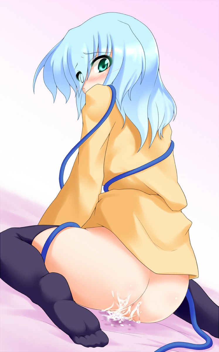 akudato ass back black_legwear blue_hair blush female green_eyes highres koishi_komeiji rule34 solo thighs touhou white_hair