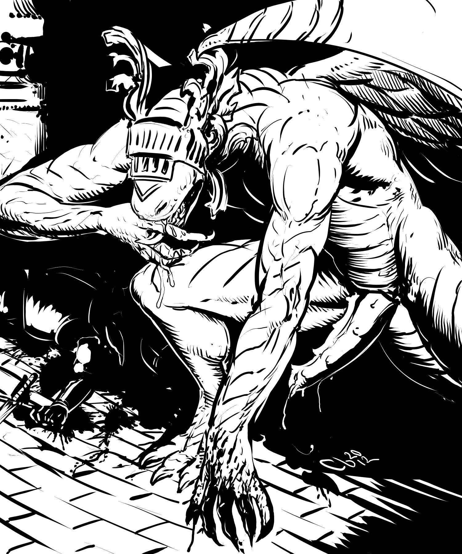 2012 5:6 animal_genitalia anthro armor bell_gargoyle black_and_white blood bodily_fluids claws covered_eyes cureboltium dark_souls digital_media_(artwork) digitigrade duo e621 erection feathered_wings feathers fromsoftware gargoyle genital_slit genitals hi_res male monochrome penis pose rock saliva scalie sculpture standing statue teeth wings