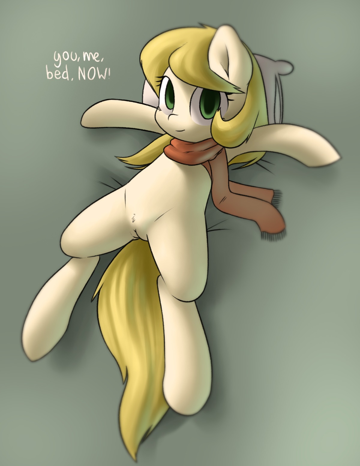 2014 absurd_res dialogue digital_media_(artwork) e621 earth_pony english_text equid equine fan_character female feral genitals green_eyes hair hasbro hi_res horse lying mammal marblesoda my_little_pony on_back pillow pony scarf solo text vulva