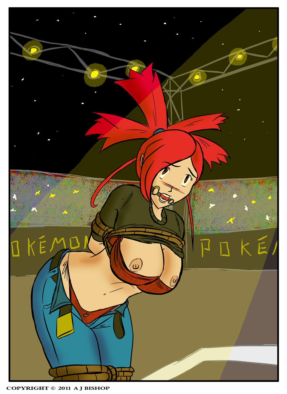 a_j_bishop arms_behind_back arms_tied ball_gag blush bondage bound breasts exhibition exposed_breasts female femsub flannery_(pokemon) gag gagged grimmhelm human human_only humiliation poke_ball_gag pokemon public_humiliation red_hair rope rule34 tied underwear