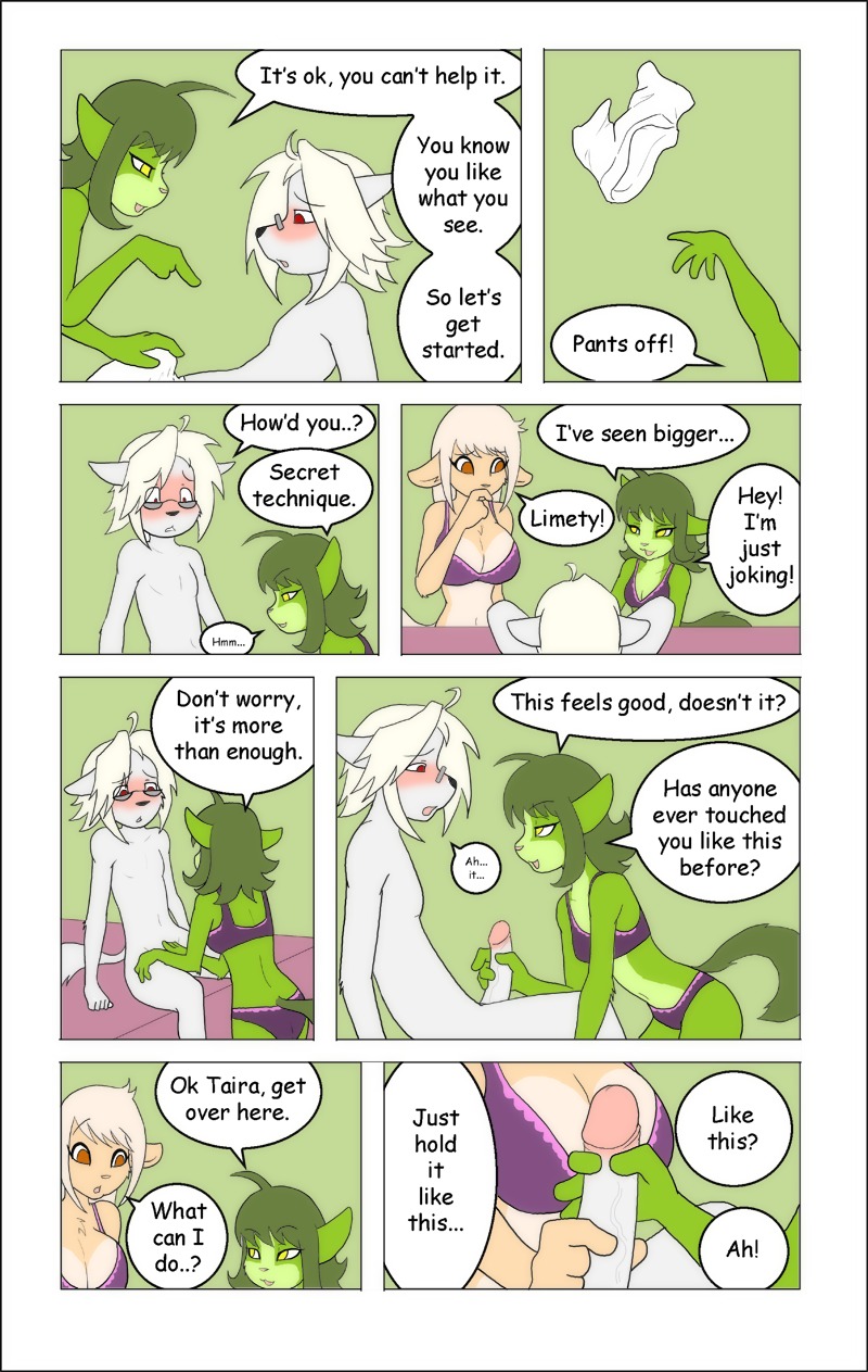 anthro assisted_exposure big_breasts big_penis blush breasts clothed clothing collaborative collaborative_handjob collaborative_sex comic dialogue e621 english_text erection female genitals green_body group handjob hi_res humanoid_genitalia humanoid_penis inexperienced limety male mammal nervous nude nude_male penile penis petit sex simple_background tail taira text topless undressing_another unknown_species vein veiny_penis xeros