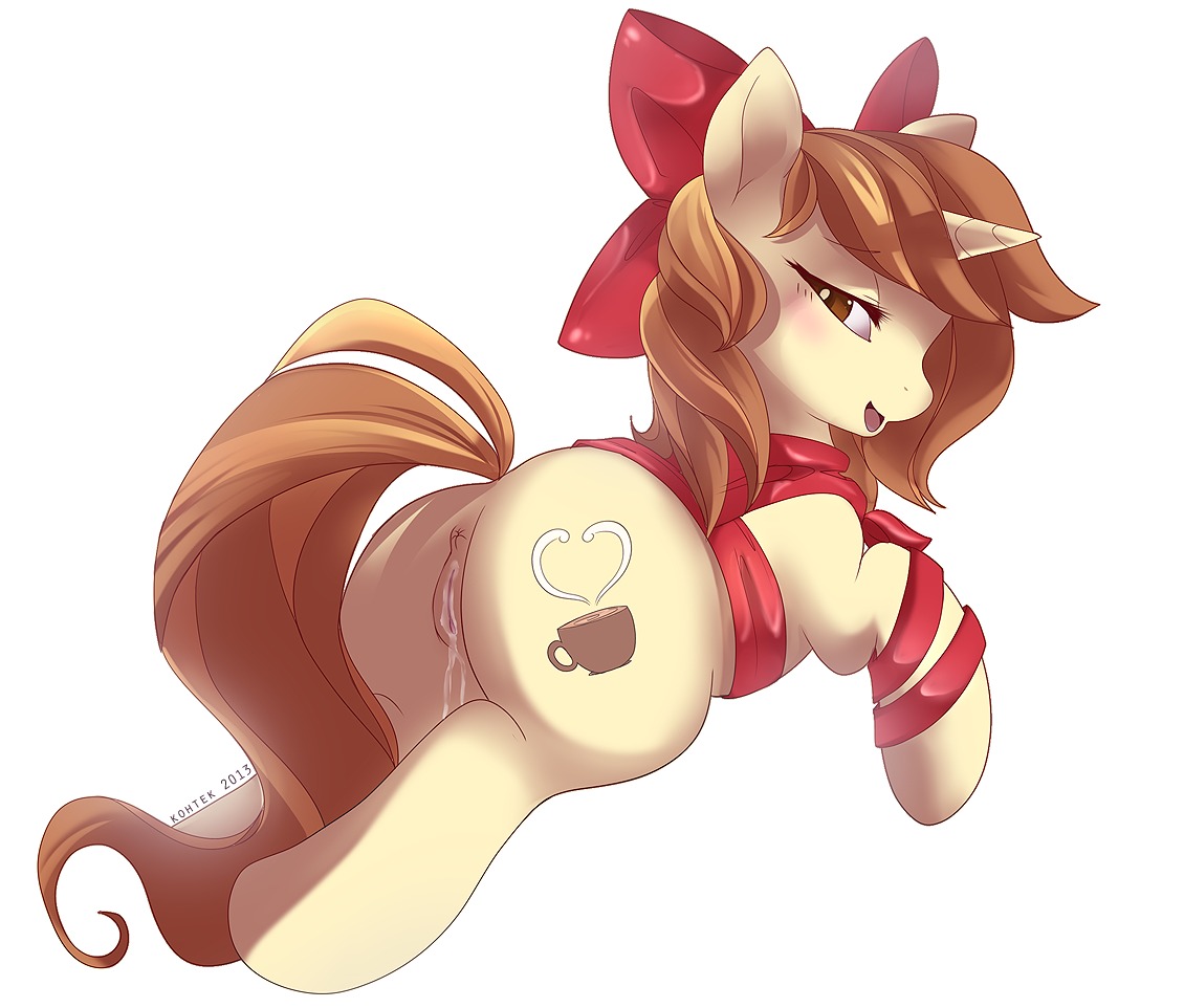 2013 anus blush bodily_fluids brown_eyes brown_hair cutie_mark e621 equid equine fan_character female feral genital_fluids genitals hair hasbro horn kohtek looking_at_viewer looking_back lying mammal mocha_brittle my_little_pony mythological_creature mythological_equine mythology nude on_front open_mouth presenting quadruped ribbons simple_background solo tail unicorn vaginal_fluids vulva white_background