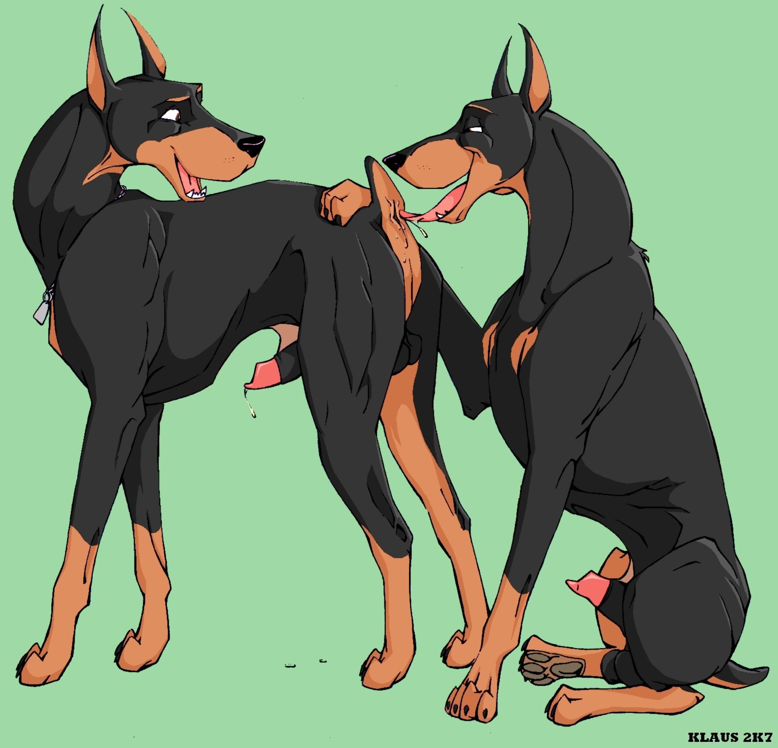 2007 anal animal_genitalia animal_penis black_sheath_slit canid canine canine_genitalia canine_penis canis dobermann domestic_dog duo e621 feral feral_on_feral genitals hand_on_another's_butt hand_on_butt hi_res klaus_doberman knot licking male male/male mammal oral penis penis_tip pinscher pointy_ears prick_ears rimming sex sheath_slit simple_background tongue tongue_out toony unavailable_at_source
