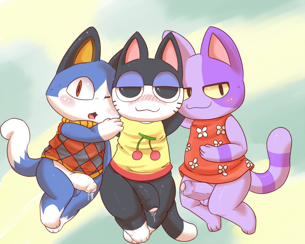 5:4 animal_crossing anthro balls blush bob_(animal_crossing) bodily_fluids cherry clothed clothing dipstick_tail domestic_cat dripping e621 erection felid feline felis food foreskin fruit genital_fluids genitals group half-erect humanoid_genitalia humanoid_penis kuroneko male male/male mammal markings nintendo partially_retracted_foreskin penis plant precum precum_drip punchy_(animal_crossing) rover_(animal_crossing) semi-anthro tail tail_markings