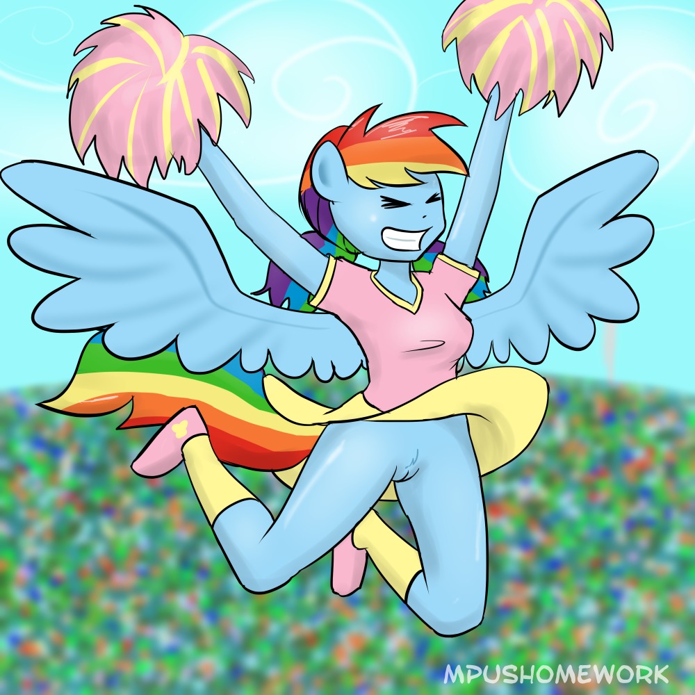 1:1 2014 alternate_hairstyle anthro anthrofied blue_body blue_feathers blue_fur bottomwear cheerleader clothed clothing e621 empyu equid equine eyes_closed feathered_wings feathers female friendship_is_magic fur genitals hair hasbro mammal multicolored_hair multicolored_tail my_little_pony mythological_creature mythological_equine mythology no_underwear pegasus pigtails pom_poms rainbow_dash_(mlp) rainbow_hair rainbow_tail shirt skirt solo tail topwear vulva wings