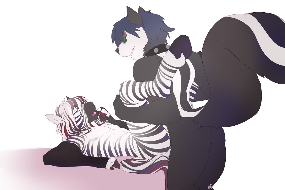 2014 3:2 anal anal_penetration anthro anthro_on_anthro anus butt clothing collar duo e621 equid equine erection feet femboy from_front_position fur genitals gloves hair half-closed_eyes handwear happy hooves ian_(gothicskunk) long_hair looking_down looking_up lying male male/male male_penetrated male_penetrating male_penetrating_male mammal markings mephitid multicolored_hair muscular narrowed_eyes nude on_back open_mouth patto pecs penetration penis raised_leg sex sharp_teeth short_hair short_story skunk smile spikes squint standing story story_in_description striped_markings striped_tail stripes stripes_(character) table_lotus_position tail tail_markings teeth zebra