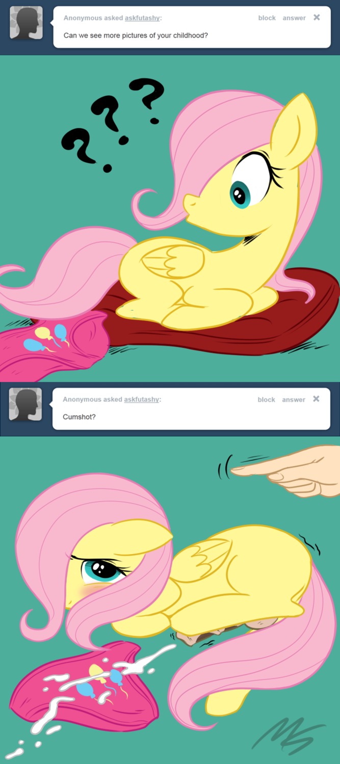animal_genitalia animal_penis ask_blog balls blue_eyes blush bodily_fluids clothing comic cum cumshot digital_media_(artwork) e621 ejaculation english_text equid equine equine_genitalia equine_penis erection feathered_wings feathers feral fluttershy_(mlp) friendship_is_magic genital_fluids genitals gynomorph hair hasbro hi_res intersex mammal megasweet my_little_pony mythological_creature mythological_equine mythology orgasm panties pegasus penis pink_hair quadruped solo tail text underwear wings yellow_body yellow_feathers young young_feral