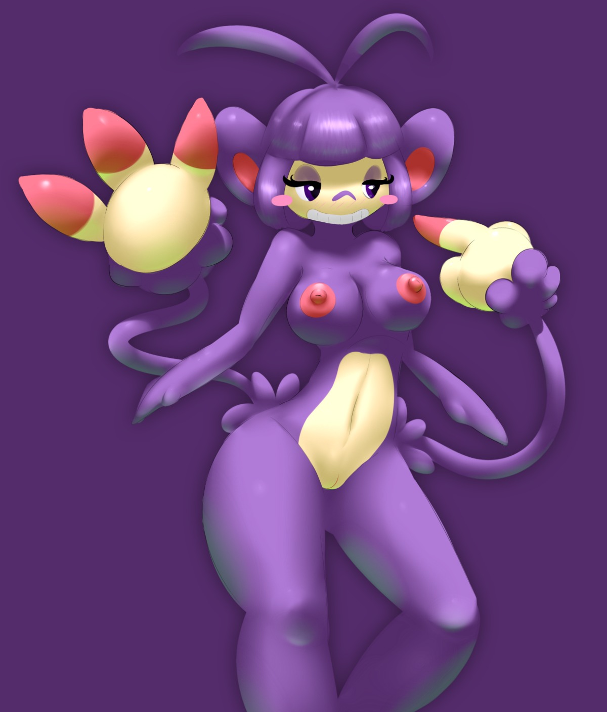 2013 ambipom anthro blush breasts digital_media_(artwork) e621 elpatrixf female generation_4_pokemon genitals gesture hair hand_gesture hi_res middle_finger multi_tail nintendo nipple_dip nipples pink_nipples pokemon pokemon_(species) pokemorph prehensile_tail purple_eyes purple_hair simple_background solo tail tail_hand unusual_anatomy unusual_tail vulva