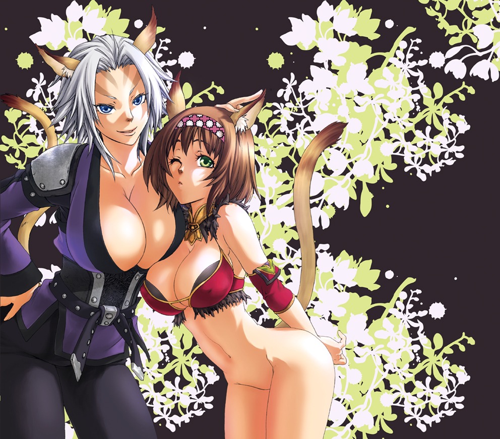 animal_ears bottomless breasts brown_hair cat_ears cleavage female final_fantasy final_fantasy_xi huge_breasts large_breasts mithra navel rule34 tachibana_chacha tachibana_chata tail white_hair wink
