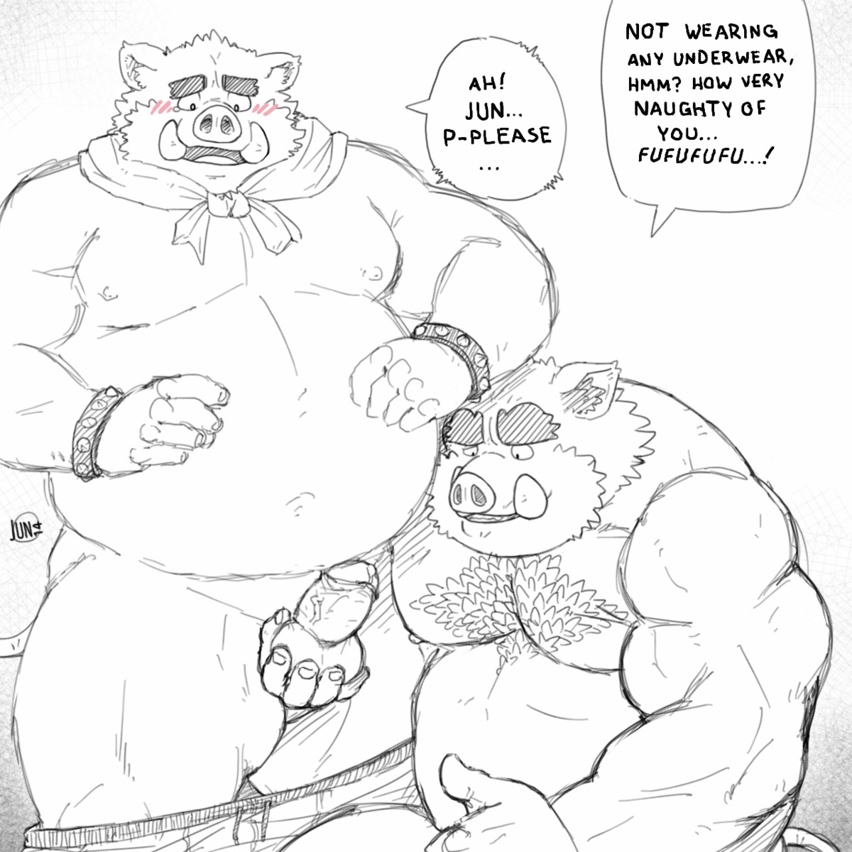 1:1 anthro balls biceps blush bodily_fluids bottomwear bottomwear_down chest_tuft clothed clothing duo e621 english_text erection fb1907 fur genital_fluids genitals hi_res junichi male male/male mammal musclegut muscular pants pants_down partially_clothed penis precum slightly_chubby standing suid suine sus_(pig) text topless tuft wild_boar