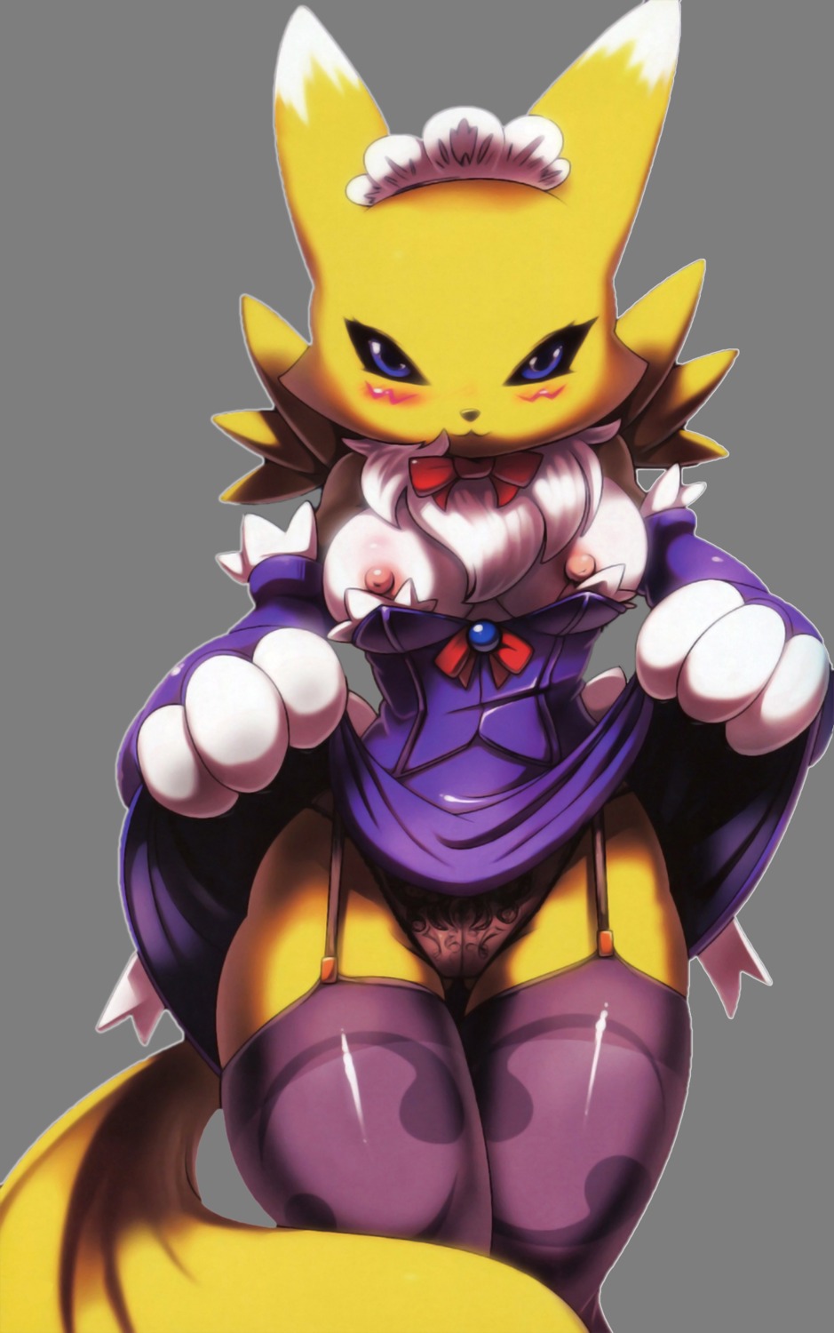 anthro blush breasts canine costume digimon digimon_(species) dress female female_only fox fox_girl fur furry lifting_dress looking_at_viewer maid maid_uniform nipples panties renamon rule34 solo tail tuft underwear