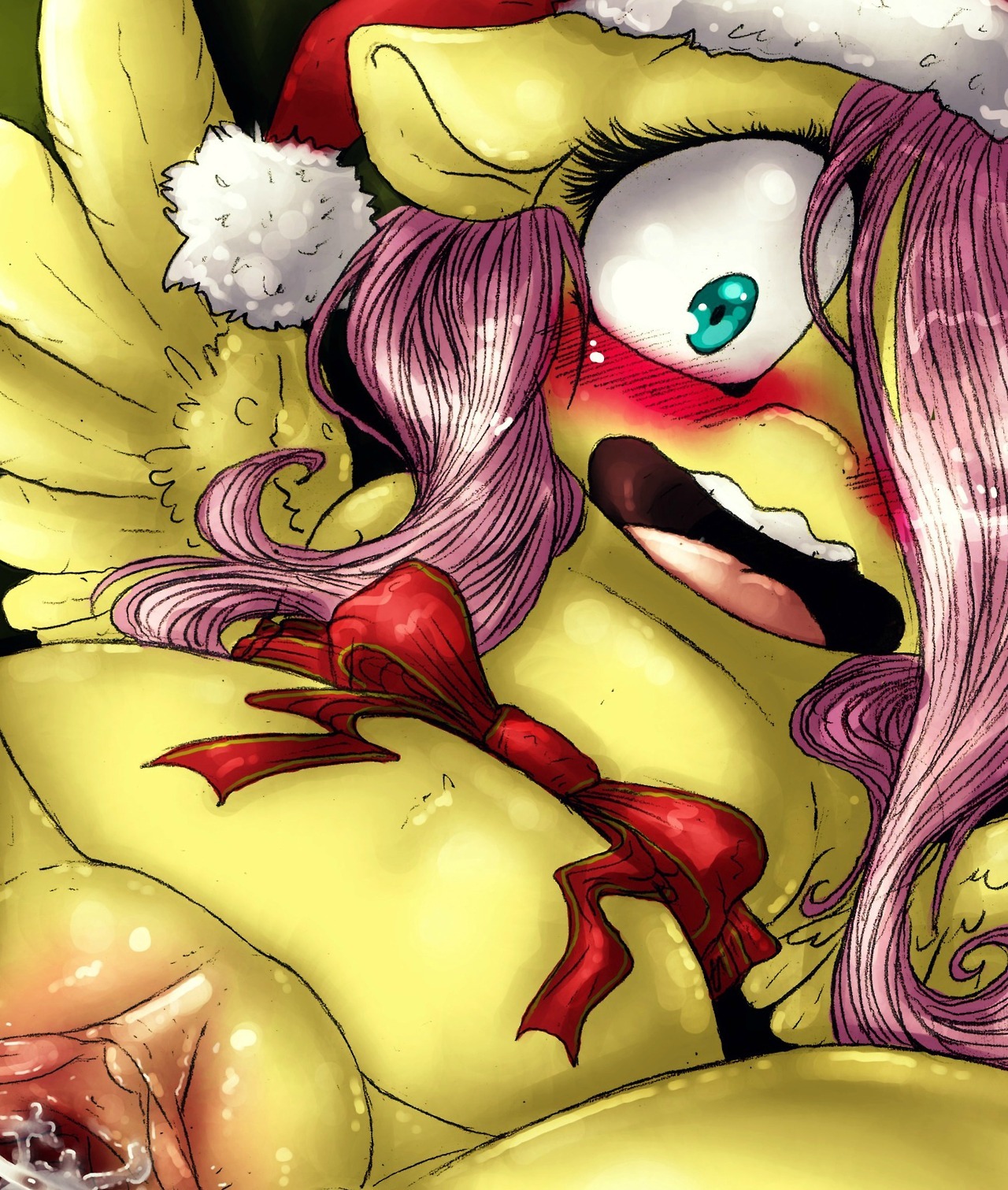 2013 blush bodily_fluids christmas christmas_clothing christmas_headwear clothing cum dimwitdog e621 equid equine feathered_wings feathers female feral fluttershy_(mlp) friendship_is_magic fur genital_fluids genitals green_eyes hair hasbro hat headgear headwear hi_res holidays humanoid_genitalia humanoid_vulva long_hair mammal my_little_pony mythological_creature mythological_equine mythology open_mouth pegasus pink_body pink_fur santa_hat solo vulva wings yellow_body yellow_feathers yellow_fur