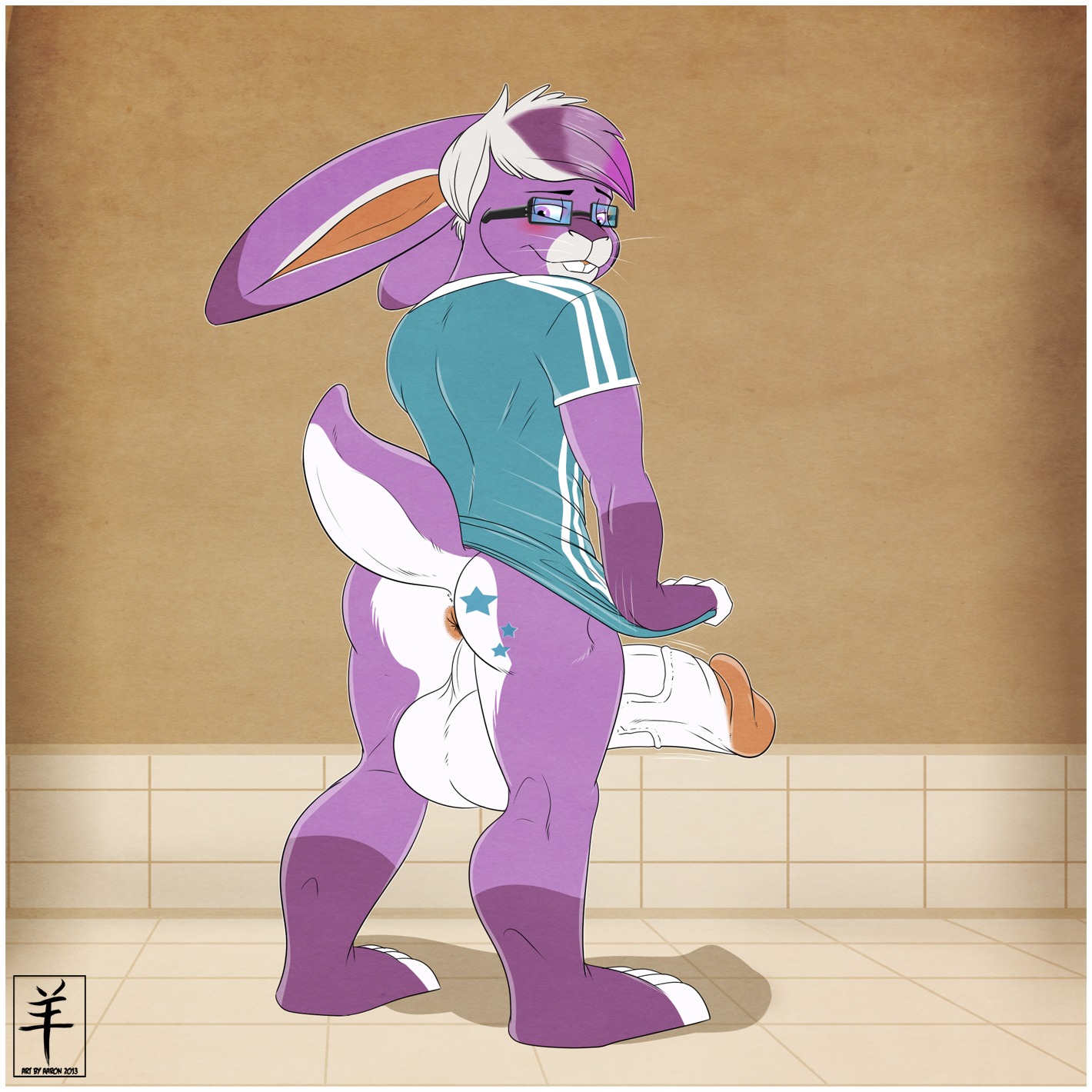 1:1 aaron_(artist) anthro anus backsack balls big_balls big_penis blush border butt digital_media_(artwork) e621 erection eyewear genitals glasses hi_res huge_balls huge_penis humanoid_genitalia humanoid_penis hyper hyper_balls hyper_genitalia hyper_penis lagomorph leporid male mammal penis presenting presenting_hindquarters rabbit solo white_border