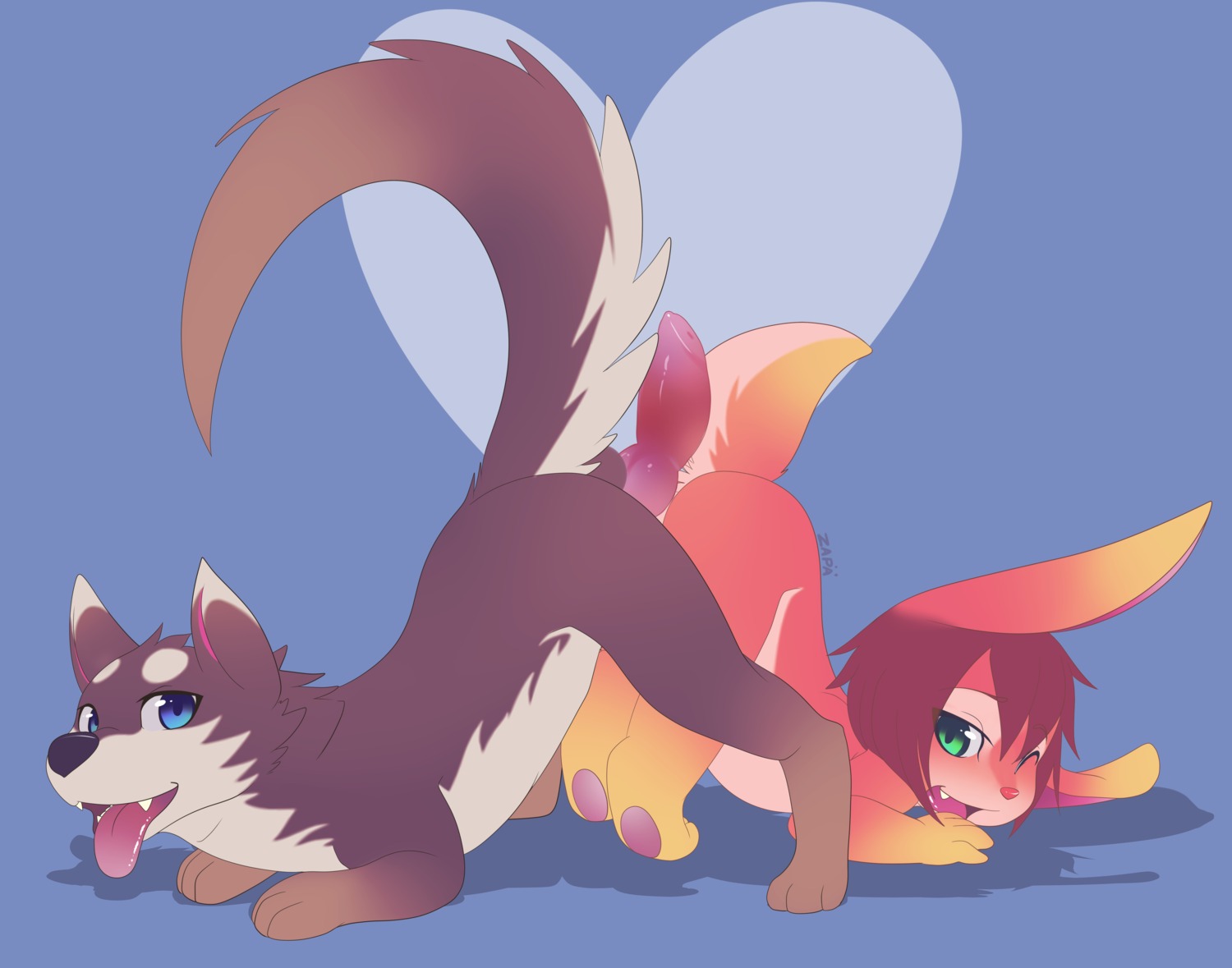absurd_res all_fours animal_genitalia animal_penis anthro anthro_on_feral ass_to_ass ass_up balls bestiality blue_eyes canid canine canine_genitalia canine_penis chibi digitigrade duo e621 erection fangs female feral genitals green_eyes heart_symbol hi_res interspecies knot lagomorph leporid looking_at_viewer looking_back male male/female mammal nude one_eye_closed penis penis_backwards pink_penis quadruped rabbit reverse_doggystyle sharp_teeth side_view tail teeth tongue tongue_out wink young young_anthro zapa