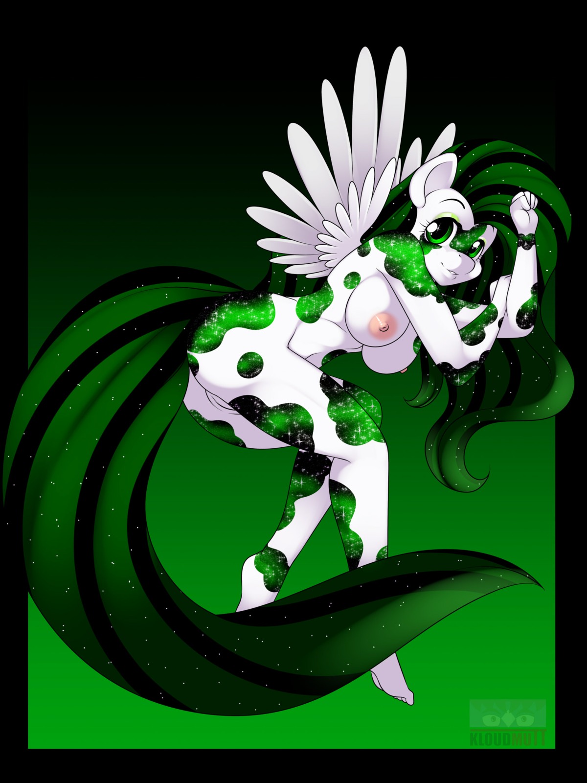 anthro breasts butt digital_media_(artwork) e621 equid equine feathered_wings feathers female genitals hair hasbro hi_res kloudmutt mammal my_little_pony mythological_creature mythological_equine mythology pegasus signature simple_background solo vulva wings