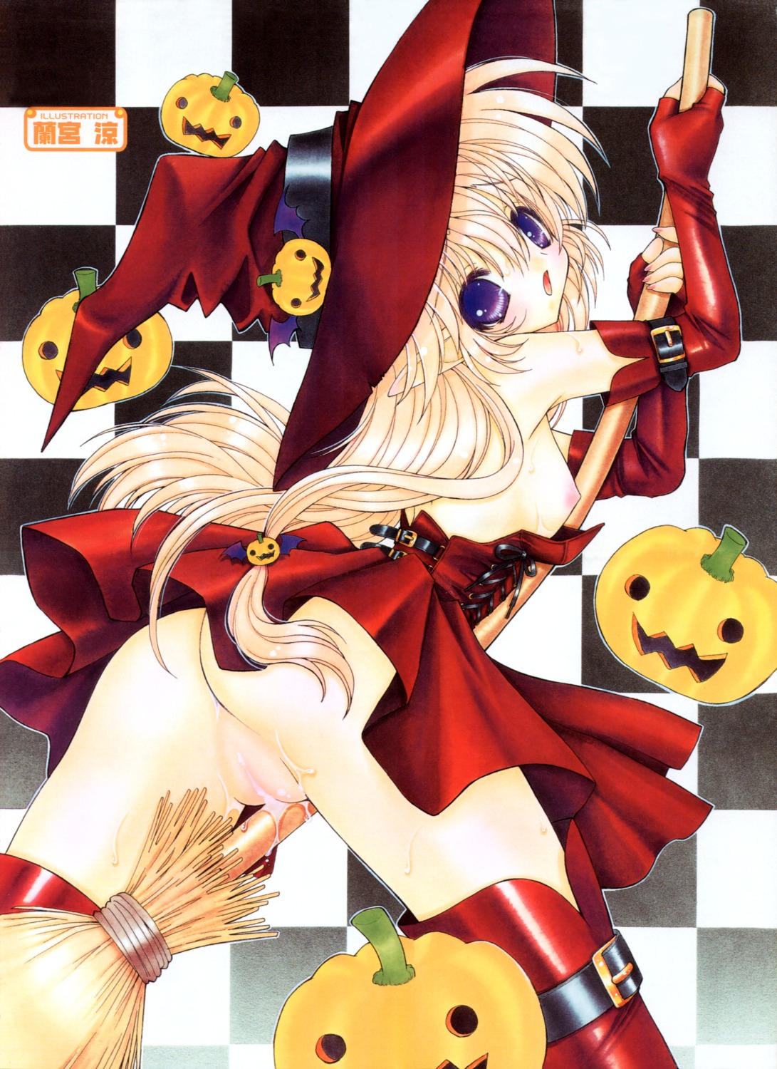 blonde_hair breasts broom broom_riding checkered checkered_background d: female halloween hat highres jack-o'-lantern nipples no_bra no_panties nopan open_mouth oppai purple_eyes pussy pussy_juice ramiya_ryou rule34 vagina witch witch_hat