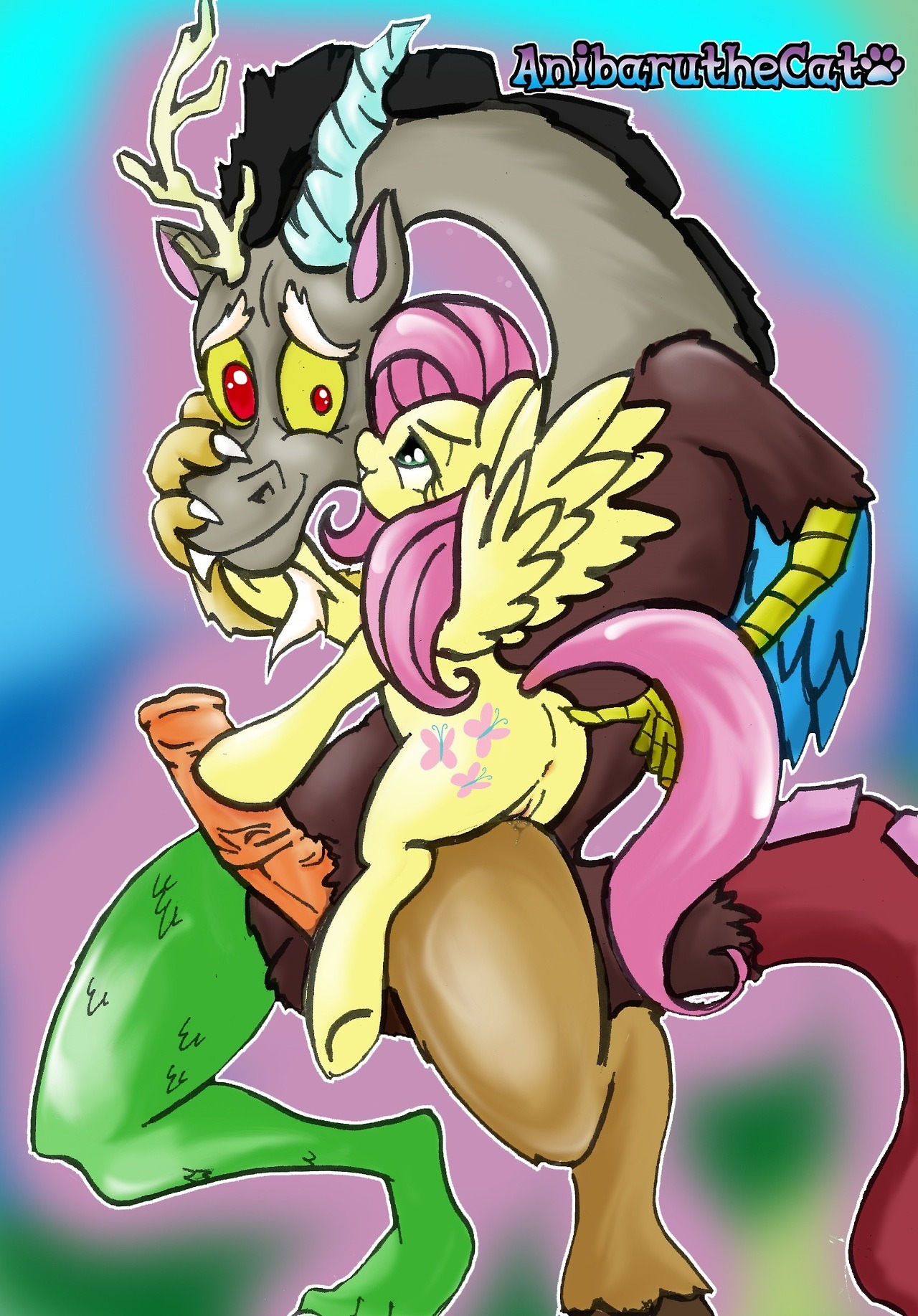 anibaruthecat antlers anus balls chimera cutie_mark digital_media_(artwork) discord_(mlp) draconequus duo e621 equid equine erection feathered_wings feathers female feral fluttershy_(mlp) friendship_is_magic fur genitals green_eyes hair hasbro hi_res horn long_hair male mammal my_little_pony mythological_creature mythological_equine mythology nude pegasus penis pink_hair smile vulva wings yellow_body yellow_feathers yellow_fur