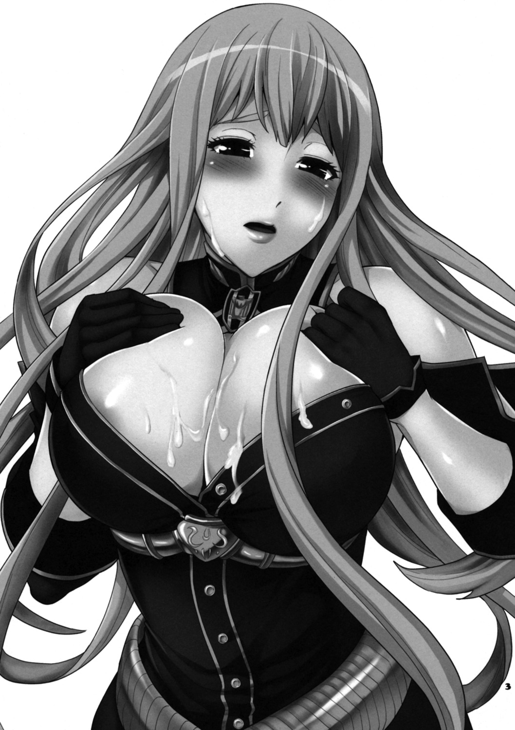 black_and_white blush breast_grab breast_push breasts cleavage clothing cum cum_on_body cum_on_breasts cum_on_face cum_on_upper_body facial female grey_hair highres large_breasts monochrome rule34 selvaria_bles todd_special valkyria_chronicles valkyria_chronicles_1